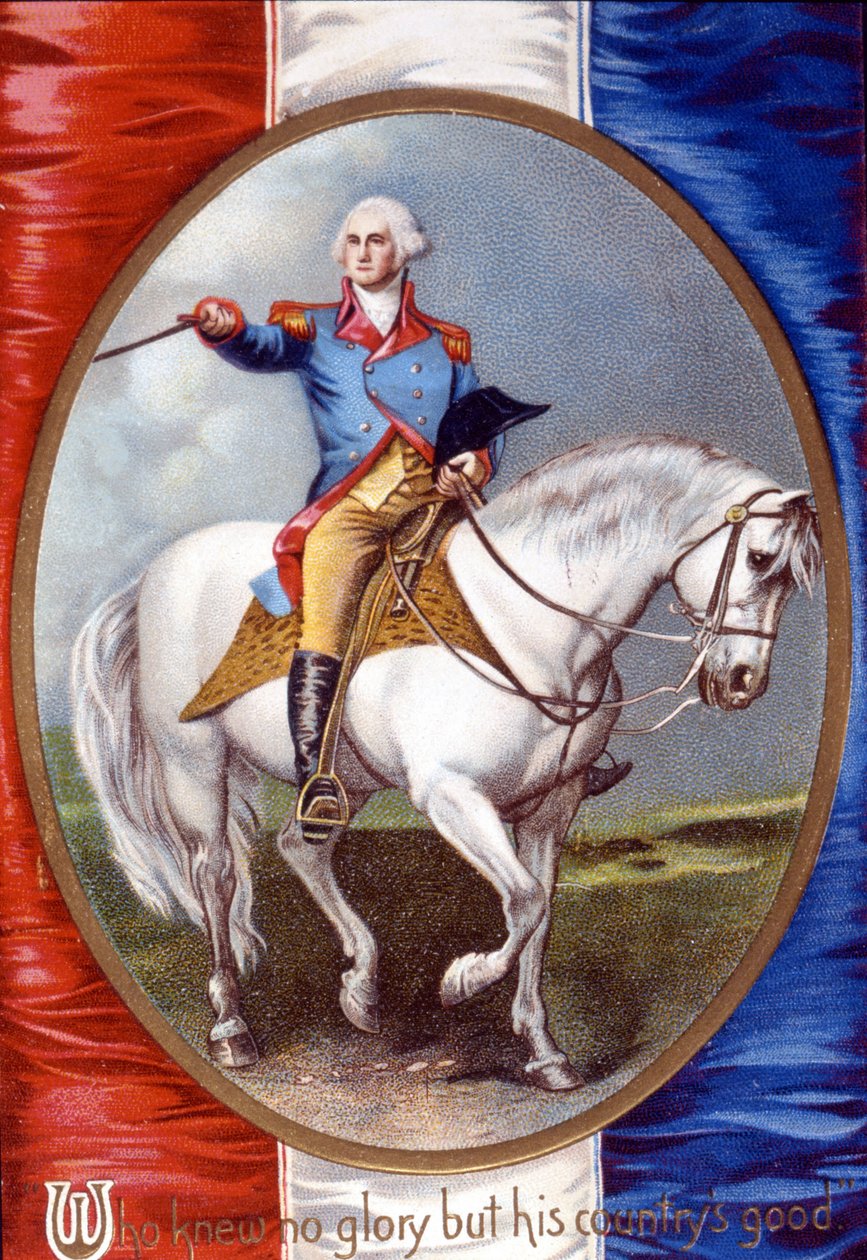 من كان لا يعرف المجد إلا خير بلاده: جورج واشنطن (1732 - 1799) يركب ميدالية على ظهر العلم الفرنسي. الطباعة الحجرية الملونة من القرن التاسع عشر. بواسطة فنان غير معروف