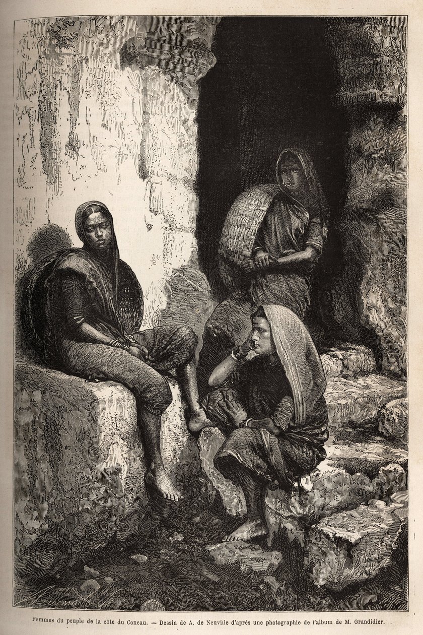 نساء من سكان ساحل كونكاو (أو كونكان ، الساحل الشمالي للهند). نقش لتوضيح الرحلة في مقاطعات الهند ، بواسطة ألفريد غرانديدير ، في 1862-1864 ، نُشر في "" Le Tour du monde "" "1869 ، حرره إدوارد شارتون ، بواسطة فنان غير معروف