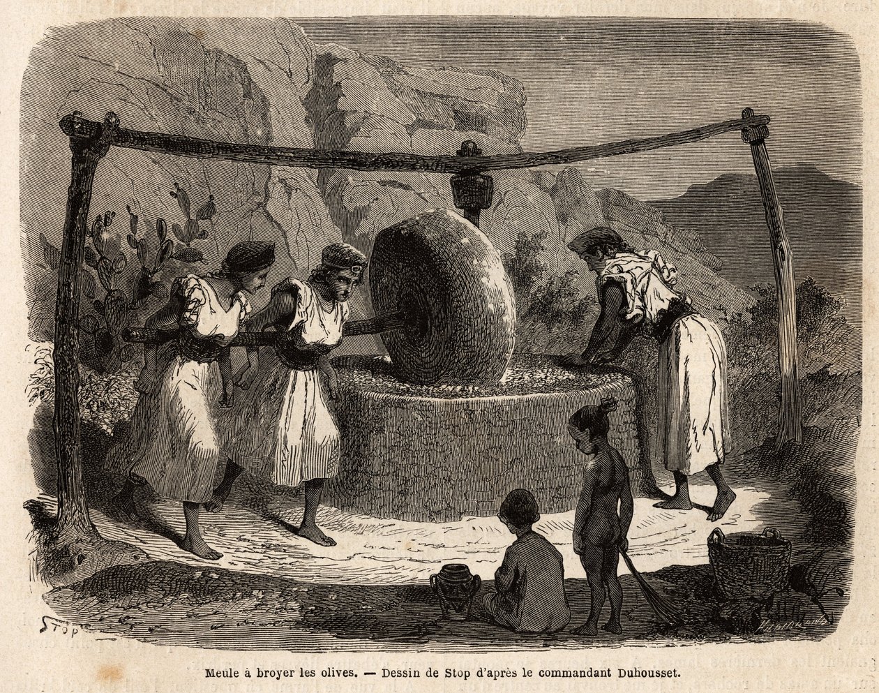 عمل نسائي ، طحن زيتون ، أحد المنتجات الزراعية الرئيسية في دجورة (الجزائر). نقش لتوضيح الرحلة إلى Kabilie العظيمة ، بين البحر الأبيض المتوسط و Djurjura ، في عام 1864 ، بواسطة القائد Duhousset ، في "" Le tour du mo بواسطة فنان غير معروف