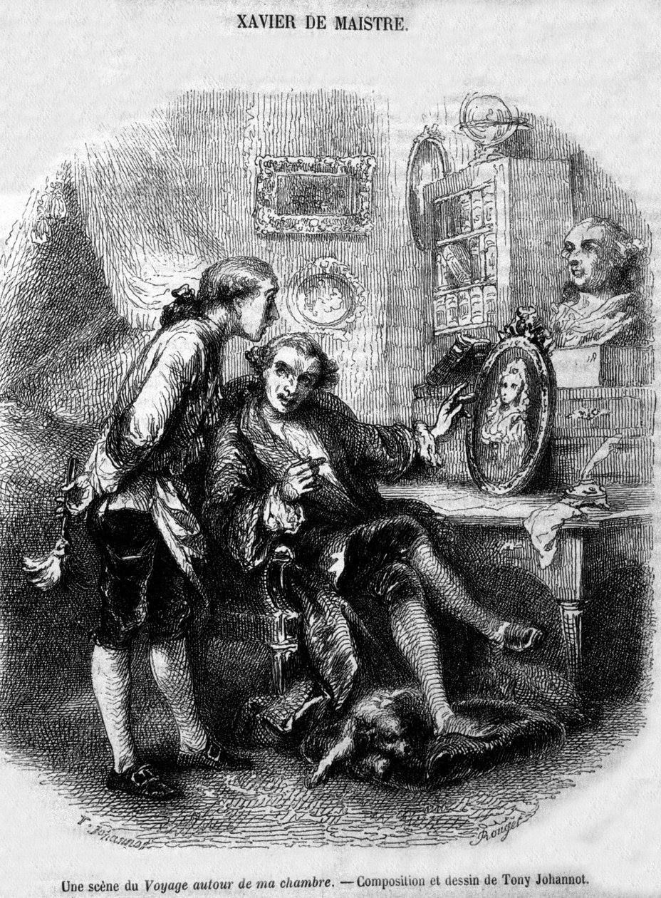 رسم توضيحي لـ "" رحلة حول غرفتي "" (1794) بواسطة Xavier de Maistre. بواسطة فنان غير معروف