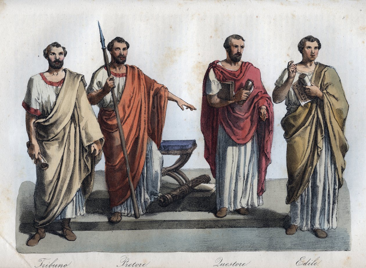 قضاة روما القديمة - Tribunus (Tribune) - praetor (Preteur) (قاضي) - Quaestores (Quaestors) - aediles (ediles) نقش من "" استخدامات وعادات جميع شعوب الكون. أو تاريخ الحكومة ، والقوانين ، والميليشيا ، والملك بواسطة فنان غير معروف