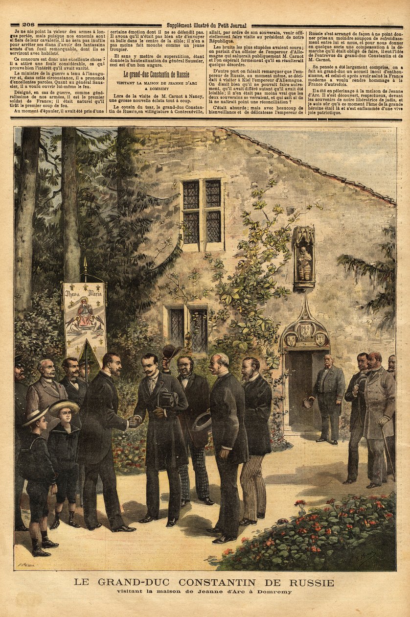 زيارة قسطنطين نيكولايفيتش رومانوف (1827-1892) دوق روسيا الأكبر وابن عم القيصر ألكسندر الثالث (1845-1894) إلى منزل جان دارك في دومريمي. نقش في "" مجلة Le Petit "" 25/06/1892. مجموعة سيلفا. بواسطة فنان غير معروف