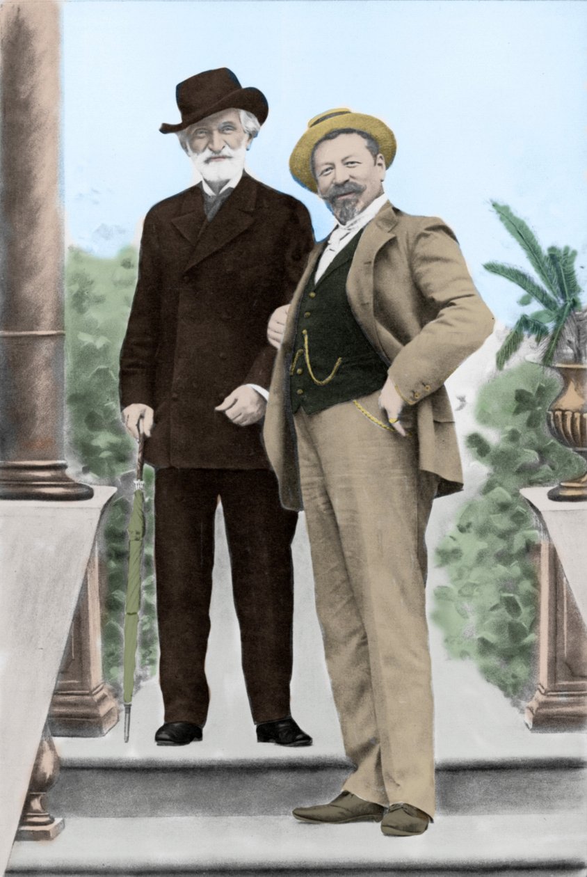 جوزيبي فيردي ، الملحن الإيطالي (1813-1901) ، والتينور فرانشيسكو تاماجنو (1850-1905) في مونتيكاتيني في نهاية القرن التاسع عشر. بواسطة مصور غير معروف