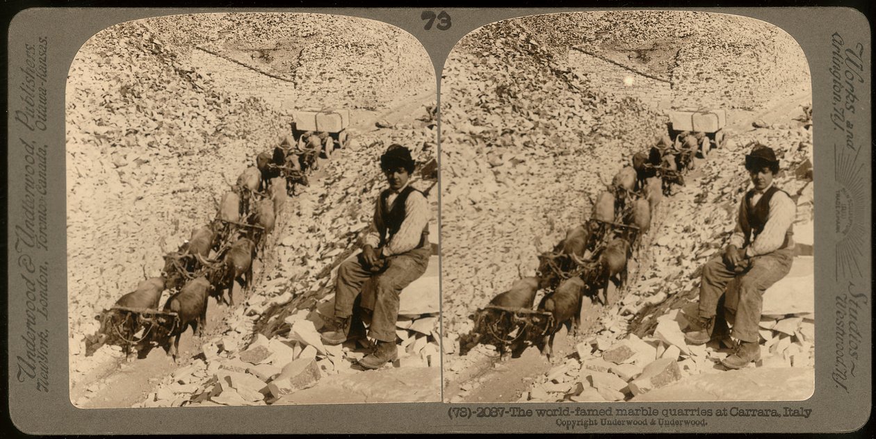 صورة لصبي في محاجر الرخام الشهيرة في كارارا ؛ صورة مجسمة (صورة بالأبيض والأسود) بواسطة مصور غير معروف