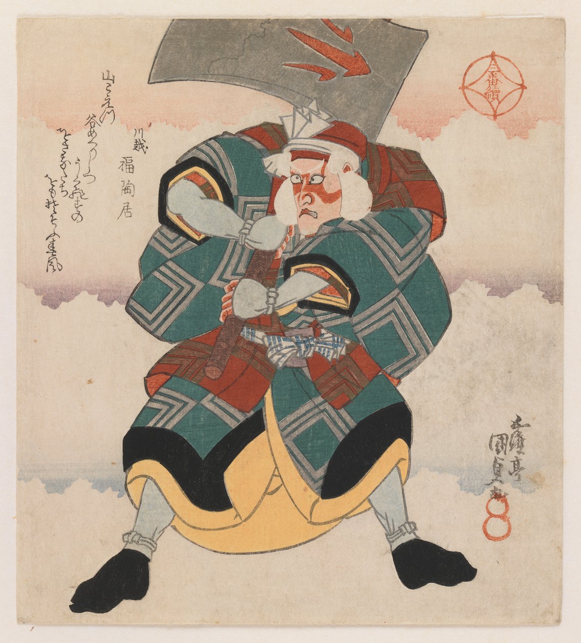 Ichikawa Danjuro VII وهو يحمل فأسًا يرتدي باروكة شعر أبيض ، 1825 (طبعة خشبية ، شكل شيكيشيبان ، (الورقة اليمنى من tryptych) ، طباعة فاخرة) بواسطة Utagawa 1786 1864 Kunisada