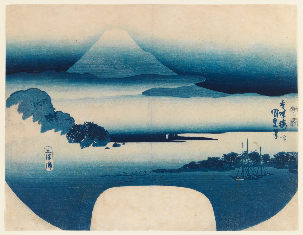 منظر لفوجي من خليج ميهو ، مايو ، 1830 (طباعة لوحة خشبية ملونة) بواسطة Utagawa 1786 1864 Kunisada