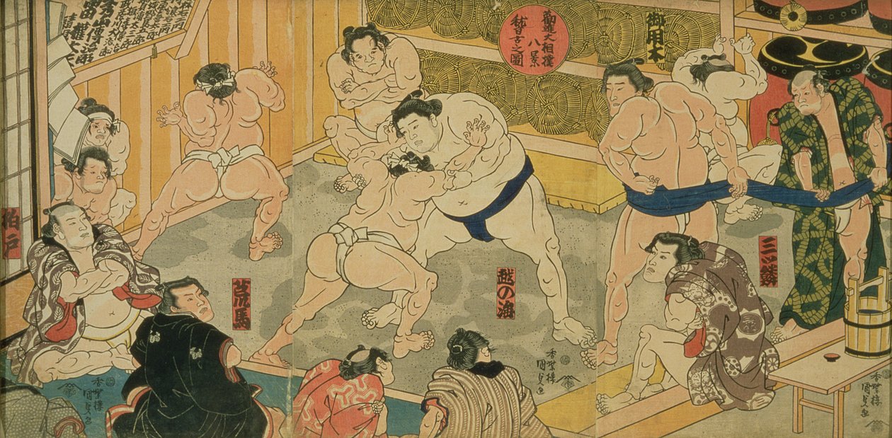 واحدة من ثمانية مناظر من Kanjin Sumo ، الحانة. بواسطة Tsutaya ، القرن التاسع عشر ، (ثلاثية ، حجم أوبان ، طباعة كتلة خشبية ملونة) بواسطة أوتاغاوا كونيسادا