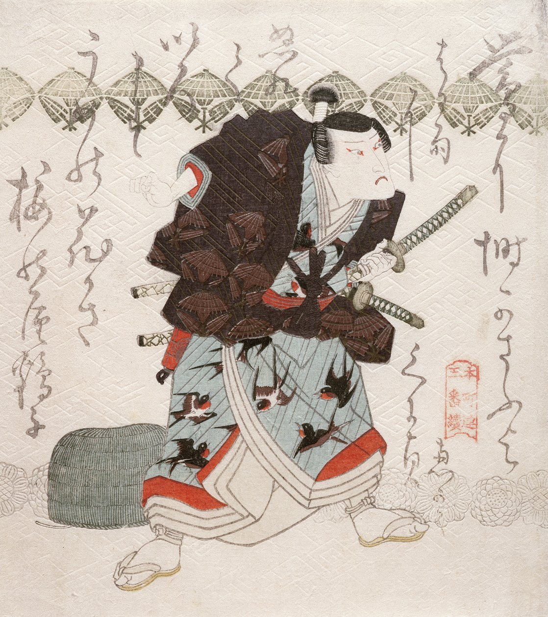 Onoe Kikugoro III في دور ناغويا سانزا في مشهد سايا-إيتي (اشتباك غمد) ، c.1827-30 (طباعة لوح خشبي ملون) بواسطة أوتاغاوا كونيسادا