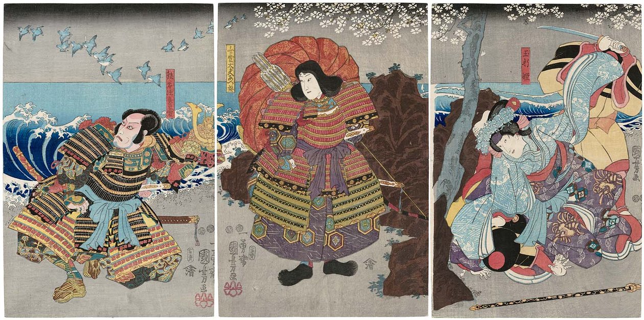 الممثلون Iwai Kumesaburo III بدور Tamaori-hime R و Ichikawa Saruzo I مثل Mukan Dayu Atsumori C و Ichikawa Ebizo V بدور Kumagai Jiro Naozane L بواسطة Utagawa Kuniyoshi