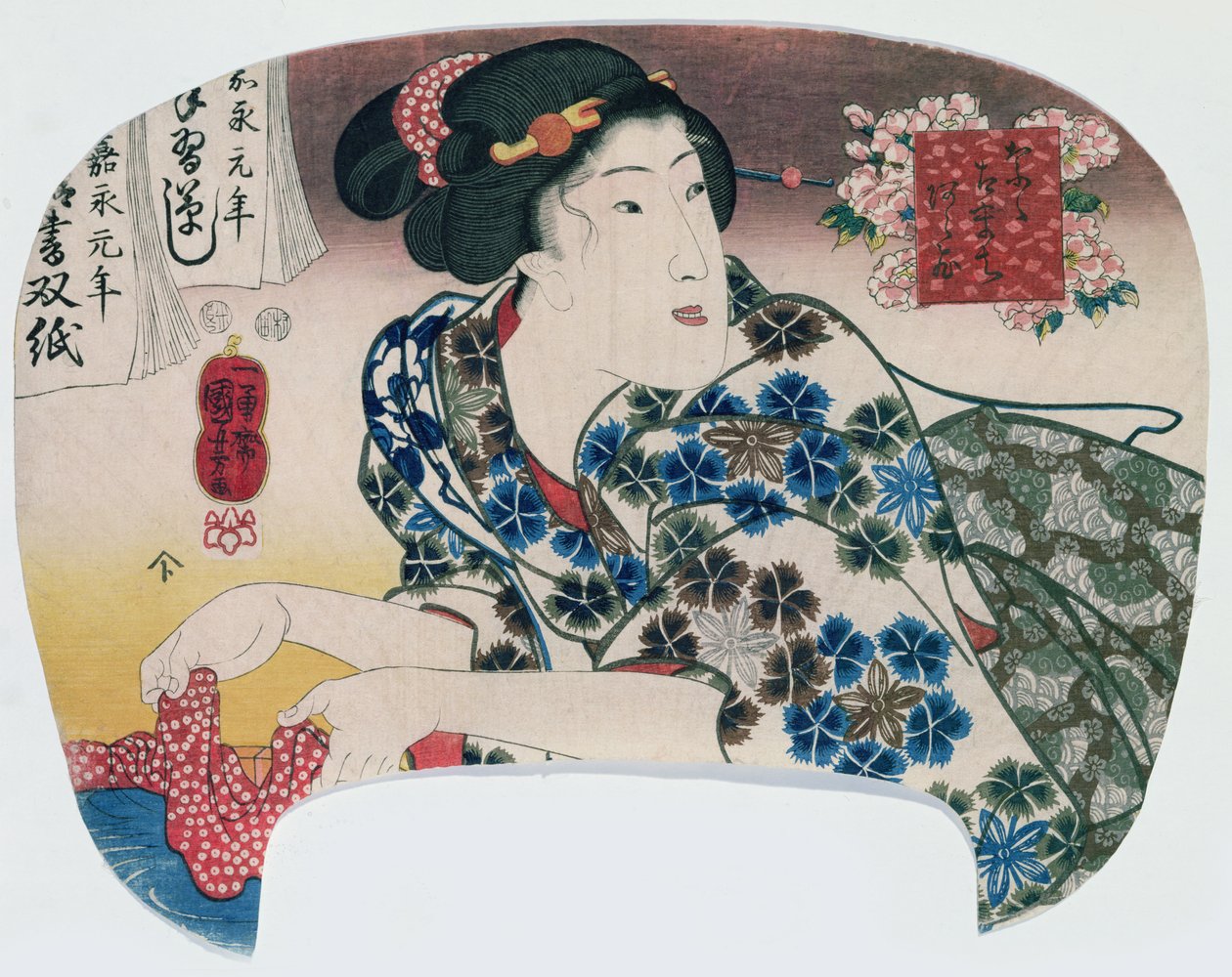 فتاة تغسل قطعة قماش منقوشة ، من "Seven Kokachi" ، حانة. 1848 (طبعة خشبية ملونة) بواسطة Utagawa Kuniyoshi