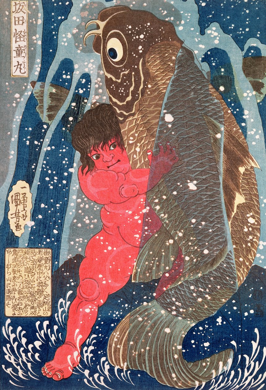 Kintoki تسبح في الشلال (لوحة خشبية) (انظر أيضًا 100501) بواسطة Utagawa Kuniyoshi