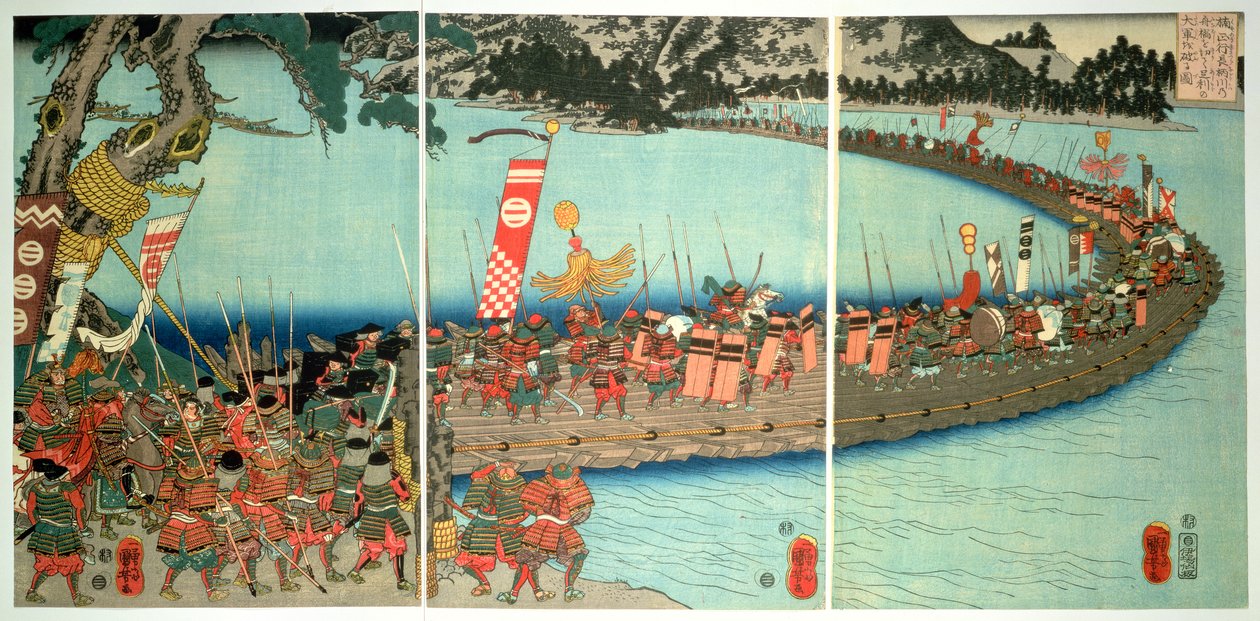 جسر القوارب في معركة ناجاراجاوا ، 1844 ، (طبعة خشبية ملونة) بواسطة Utagawa Kuniyoshi