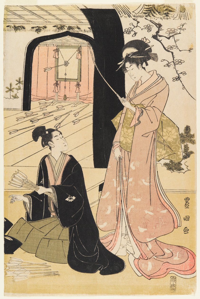 الساموراي الصغار والمشتغلات يمارسون الرماية ، نصف diptych ، c.1800 (طباعة كتلة خشبية ملونة) (زوج إلى 499358) بواسطة أوتاغاوا تويوكوني