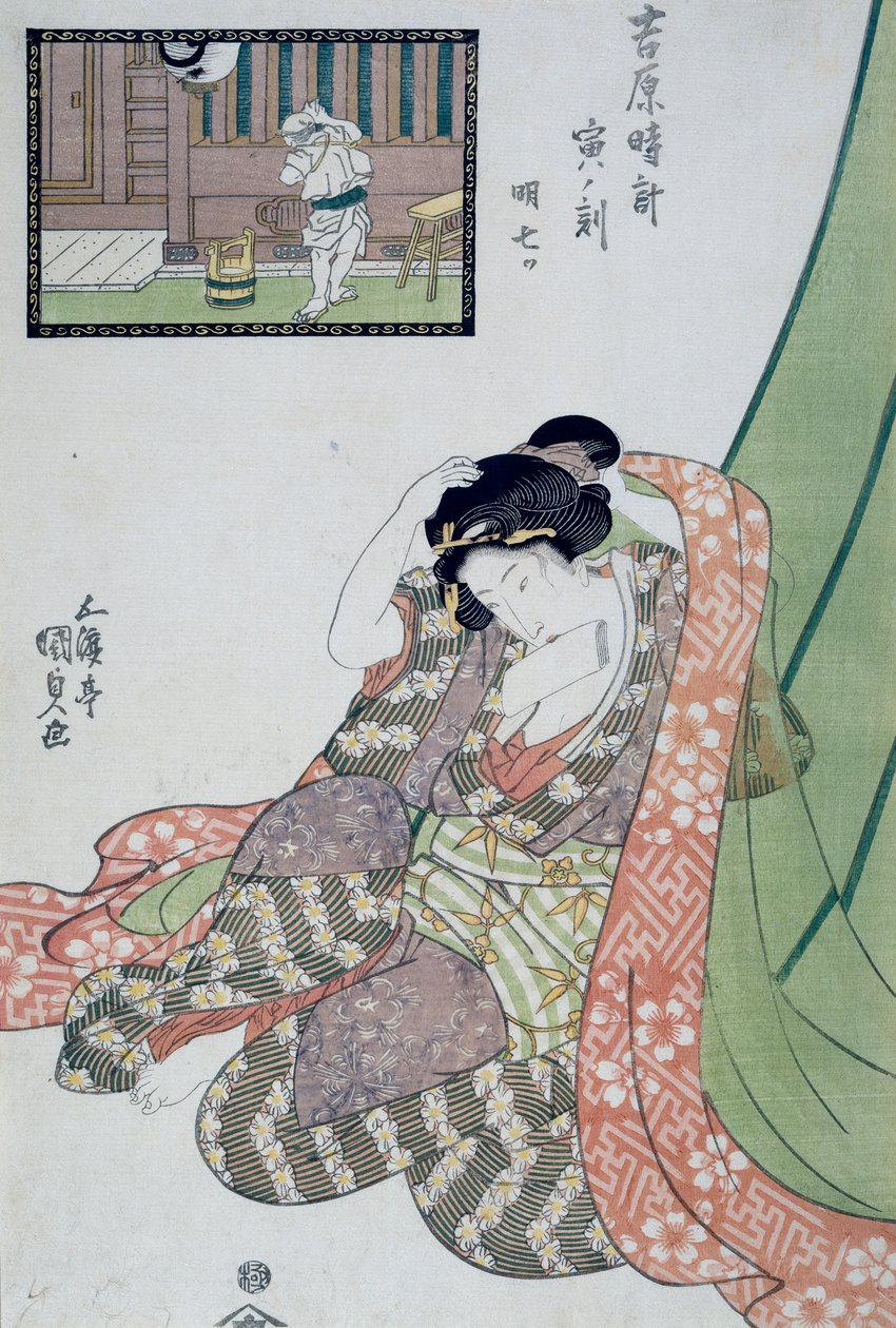 ساعة التنين ، من الخامسة إلى السابعة من الصباح ، كاليفورنيا 1818 ، فن Ukiyo-e مطبوع بواسطة Utagawa Kunisada (1786-1865) من الاثني عشر ساعة في Yoshiwara ، نقش Oban-tate-e الخشبي ، 37x24.9 سم بواسطة أوتاغاوا كونيسادا