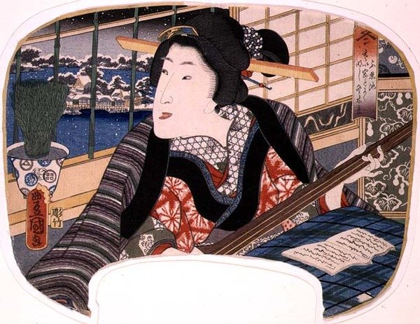 الشتاء ، Shinobazu Pond ؛ غيشا تمارس أغنية ، تصميم لمشجع من مجموعة من أربعة توضح الفصول بواسطة أوتاغاوا كونيسادا