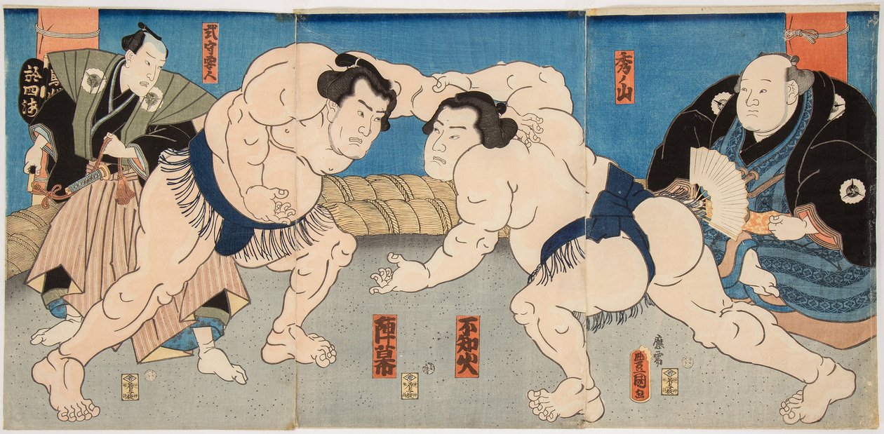 مقاتلو شيرانوي وجيماكو السومو. Estampe de Utagawa Kunisada (1786-1865) ، مقابل 1860 - مباراة المصارعة Shiranui vs Jimmaku ، بواسطة Kunisada (Toyokuni III) ، Utagawa (1786-1865). قطع خشبية ملونة بواسطة أوتاغاوا كونيسادا