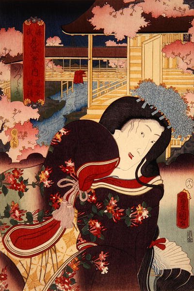 Hana-no-en bansho Katsuragi Genji mitate hakkei no uchi (مأدبة الزهور ، جرس المساء: Katsuragi) ، حوالي 1808-58 بواسطة أوتاغاوا كونيسادا
