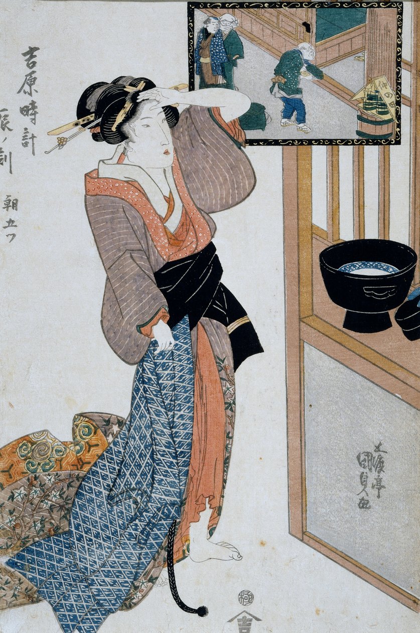 ساعة النمر ، الساعة السابعة من الصباح ، كاليفورنيا 1818 ، فن Ukiyo-e مطبوع بواسطة Utagawa Kunisada (1786-1865) من الاثني عشر ساعة في Yoshiwara ، نقش خشبي Oban-tate-e ، 37x24.9 سم ، الحضارة اليابانية بواسطة أوتاغاوا كونيسادا
