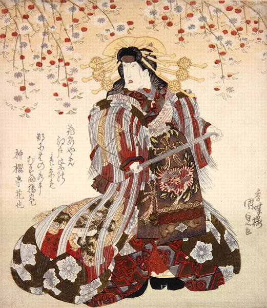 إيواي كومسابورو الثاني مثل Agemaki في Sukeroku yukari no Edo zakura حوالي عام 1830 (طباعة خشبية ملونة) بواسطة أوتاغاوا كونيسادا
