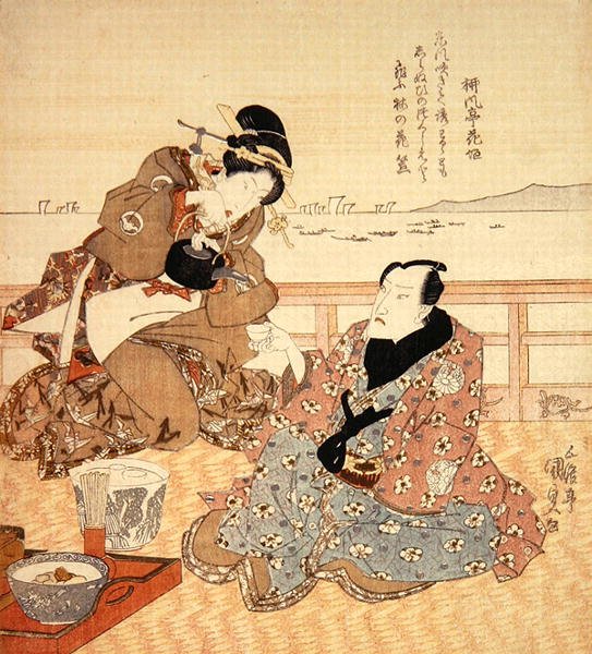Onoe Kikugoro III يأخذ الشاي في Shinagawa ، حوالي عام 1825 (طباعة خشبية ملونة) (انظر أيضًا 282741) بواسطة أوتاغاوا كونيسادا