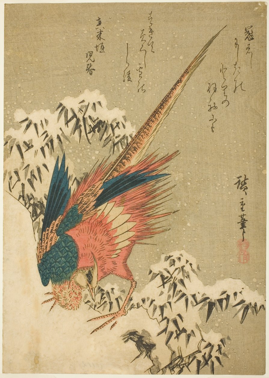 دراج ذهبي وسط خيزران مغطى بالثلوج على منحدر منحدر شديد الانحدار بواسطة Utagawa Hiroshige