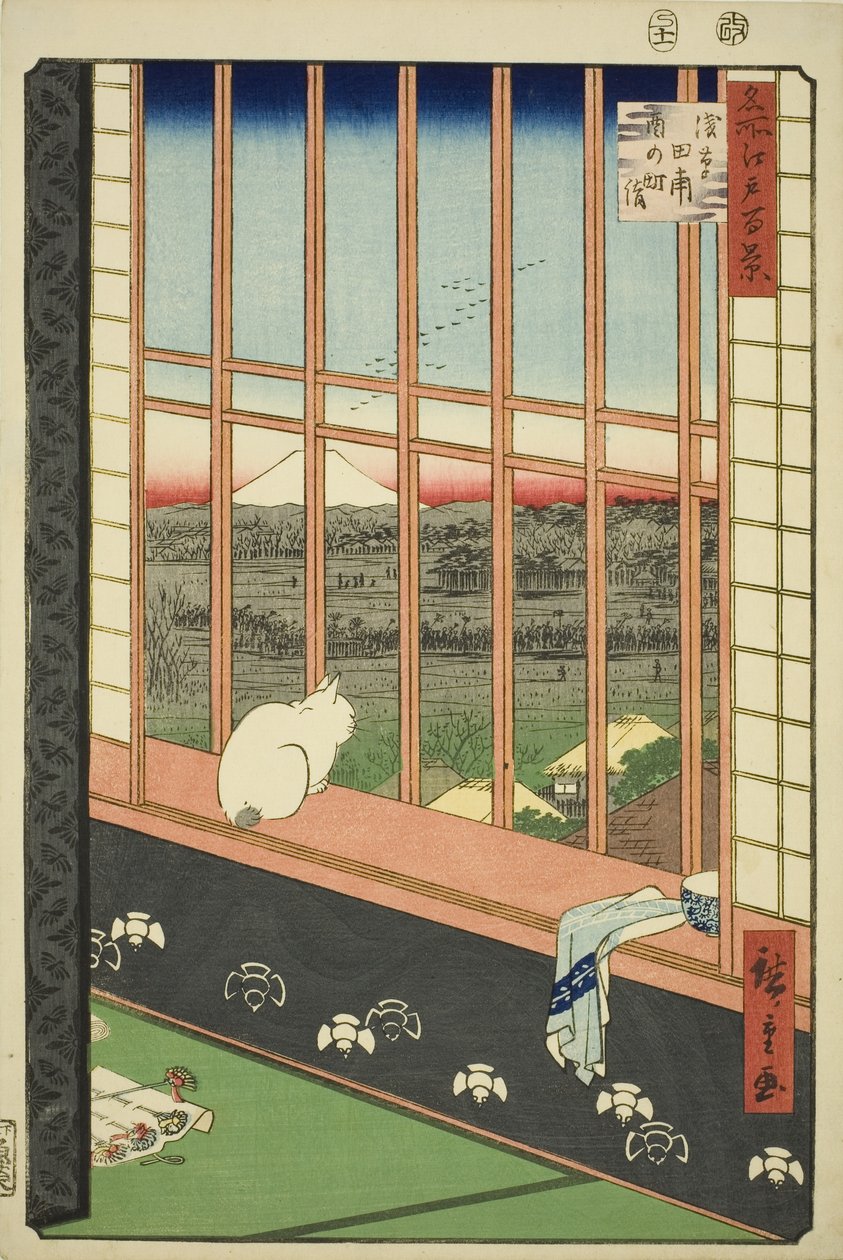 Asakusa Lycee Fie lds Plan d Town Fes Land (Asakusa Rice Paddy Town مدرجة أيضًا) ، من te serie s `` Ridge d re d fa s vie ws of Edo (مائة منظر مشهور لإيدو) " بواسطة Utagawa Hiroshige