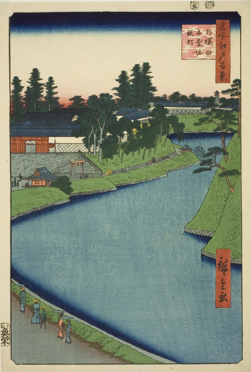 Benkei Moat من Soto-Sakurada إلى Kojimachi (Soto Sakurada Benkeibori Kojimachi) ، من سلسلة "مائة منظر مشهور لإيدو (ميشو إيدو هياكي)" بواسطة Utagawa Hiroshige