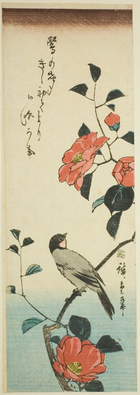زهور الكاميليا والثور بواسطة Utagawa Hiroshige