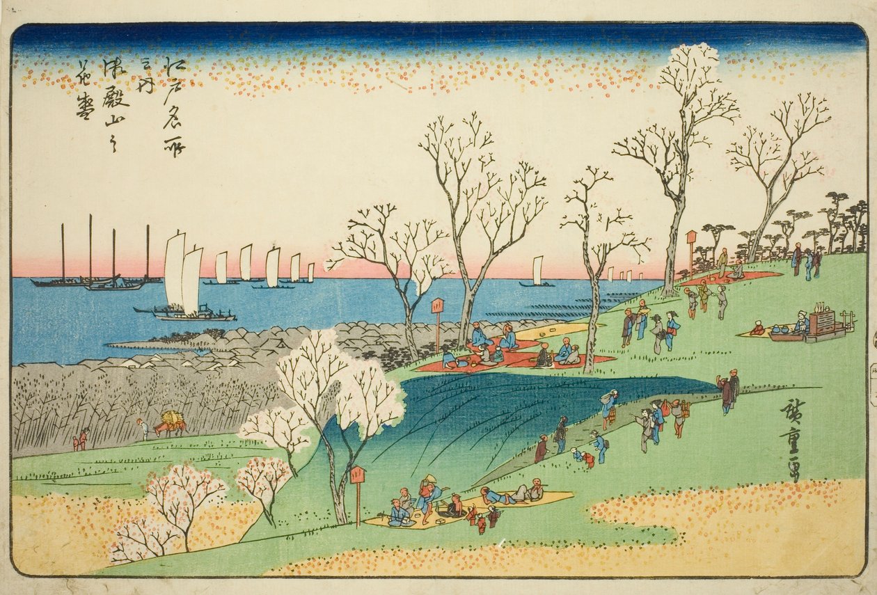 أزهار الكرز في بلوم كامل في جوتين هيل (Gotenyama no hanazakari) ، من سلسلة "الأماكن الشهيرة في إيدو (Edo meisho no uchi)" بواسطة Utagawa Hiroshige