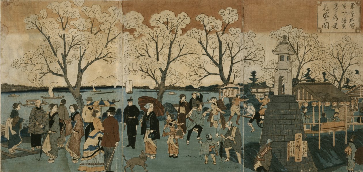 أزهار الكرز في إزهار كامل على طول نهر سوميدا.بوكوسوي tsutsumi hanazakari no zu بواسطة Utagawa Hiroshige