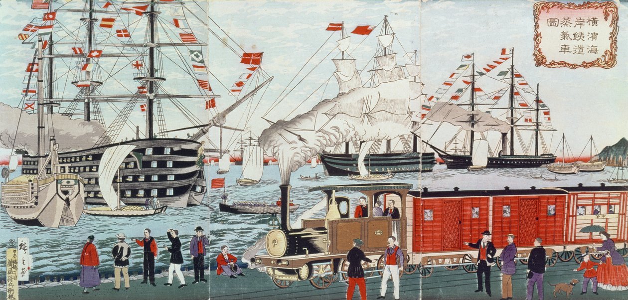هدية العميد البحري بيري للسكك الحديدية لليابانيين عام 1853 (طبعة خشبية) بواسطة Utagawa Hiroshige