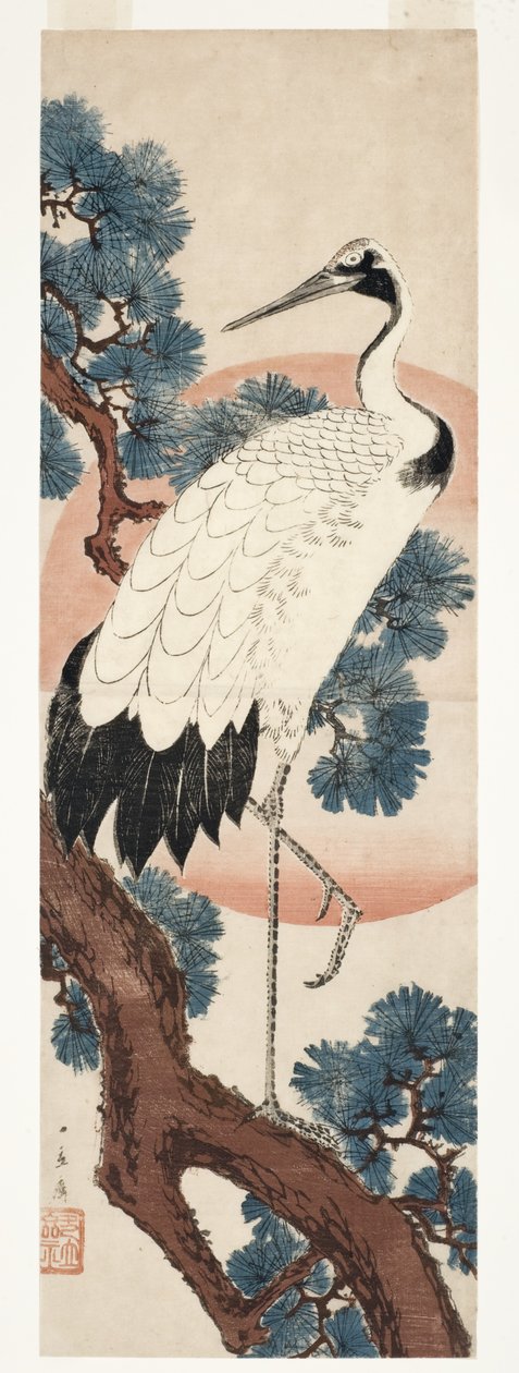 الرافعة في شجرة الصنوبر عند شروق الشمس ، 1850-55 (woodblock) بواسطة Utagawa Hiroshige