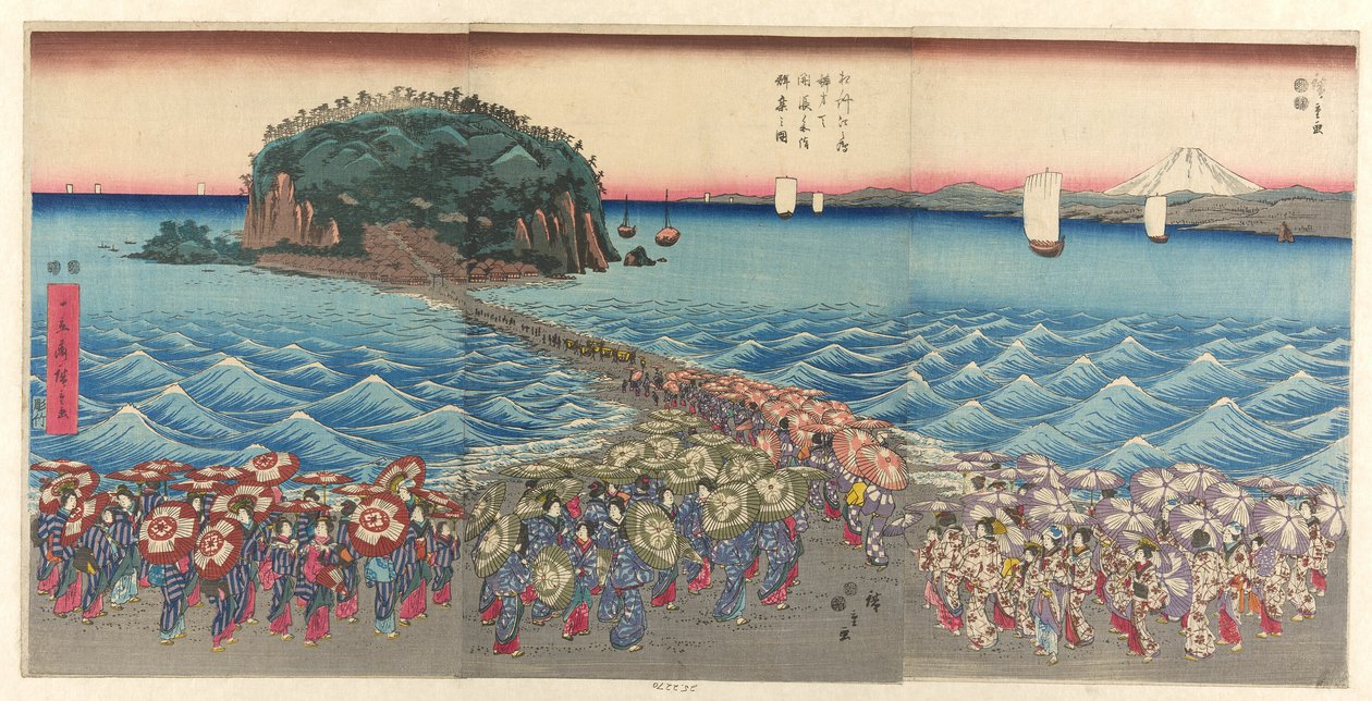 حشد من الناس يزورون ضريح بنزايتين في إنوشيما بمقاطعة ساغامي (Soshu Enoshima Benzaiten kaicho sankei gunshu no zu) بواسطة Utagawa Hiroshige