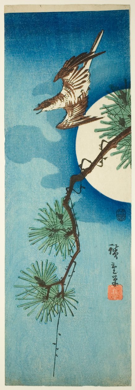 الوقواق ، فرع الصنوبر ، والقمر بواسطة Utagawa Hiroshige