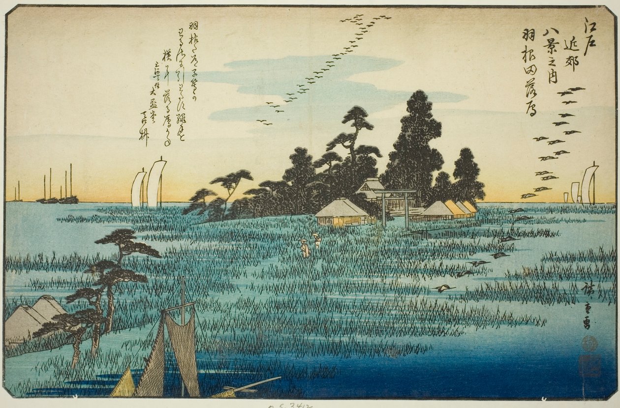 تنازلي الأوز في هانيدا (هانيدا نو راكوجان) ، من سلسلة "ثمانية مناظر في أجواء إيدو (Edo kinko hakkei no uchi)" بواسطة Utagawa Hiroshige