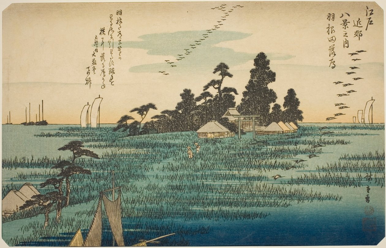 تنازلي الأوز في هانيدا (هانيدا نو راكوجان) ، من سلسلة "ثمانية مناظر في أجواء إيدو (Edo kinko hakkei no uchi)" بواسطة Utagawa Hiroshige