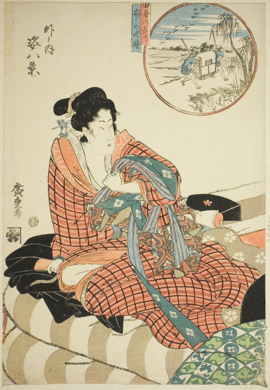 تنازلي الأوز في حقول الأرز (Tanbo no rakugan) وجرس المساء في الصباح التالي (Kinuginu no bansho) ، من سلسلة "Eight Views of Figures Inside and Outside (Soto to uchi sugata hakkei)" بواسطة Utagawa Hiroshige