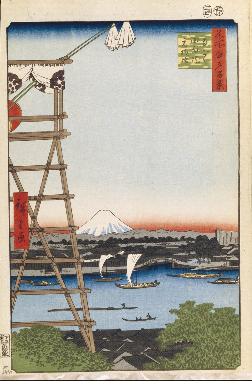 معبد Ekoin في Ryogoku وجسر Moto-Yanagi مائة مشاهد شهيرة لإيدو ، 1856-1858 بواسطة Utagawa Hiroshige