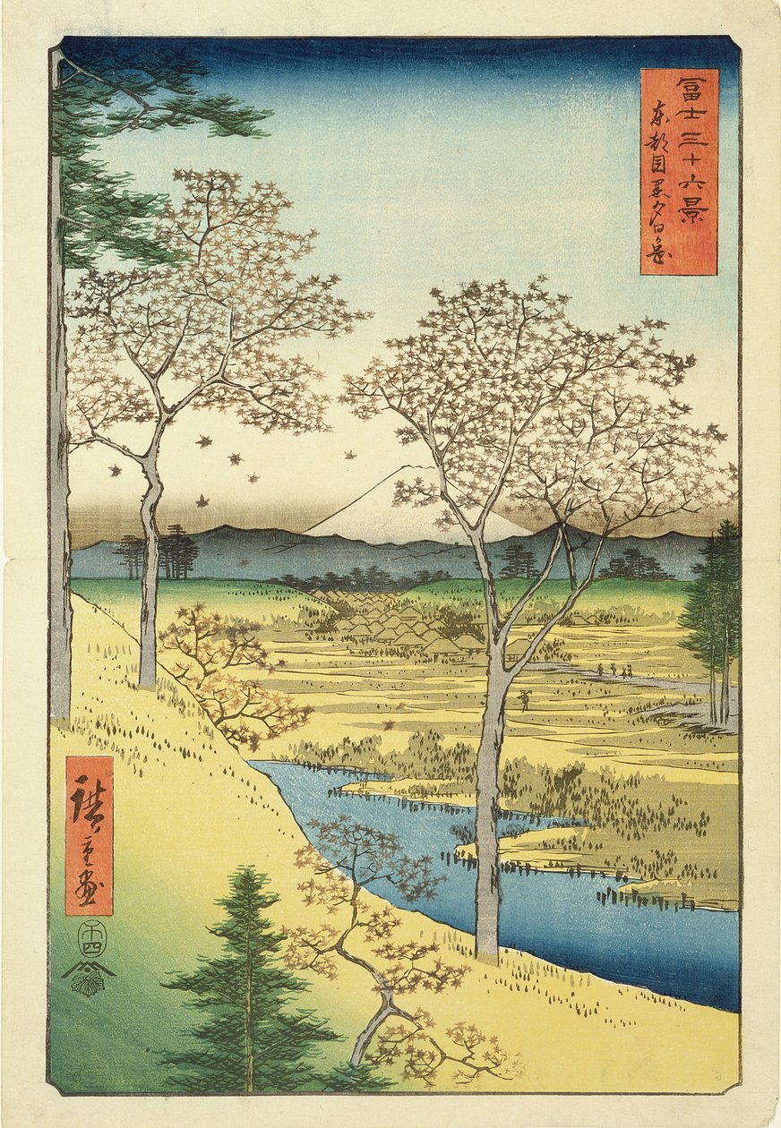 فوجي من Yuhi-Ga ، Megwo ، رقم 10 من سلسلة "36 Views of Mt.Fuji" ("Fuji Saryu Rokkei") ، (طباعة لوح خشبي ملون) بواسطة Utagawa Hiroshige