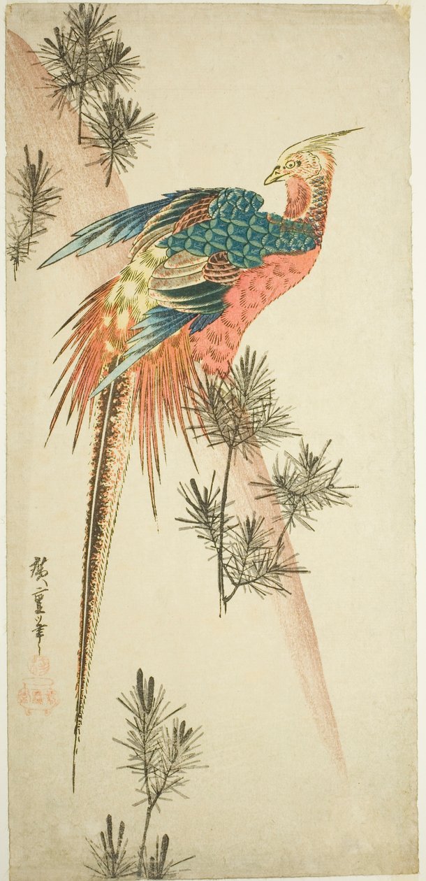 الدراج الذهبي و براعم الصنوبر في الثلج بواسطة Utagawa Hiroshige