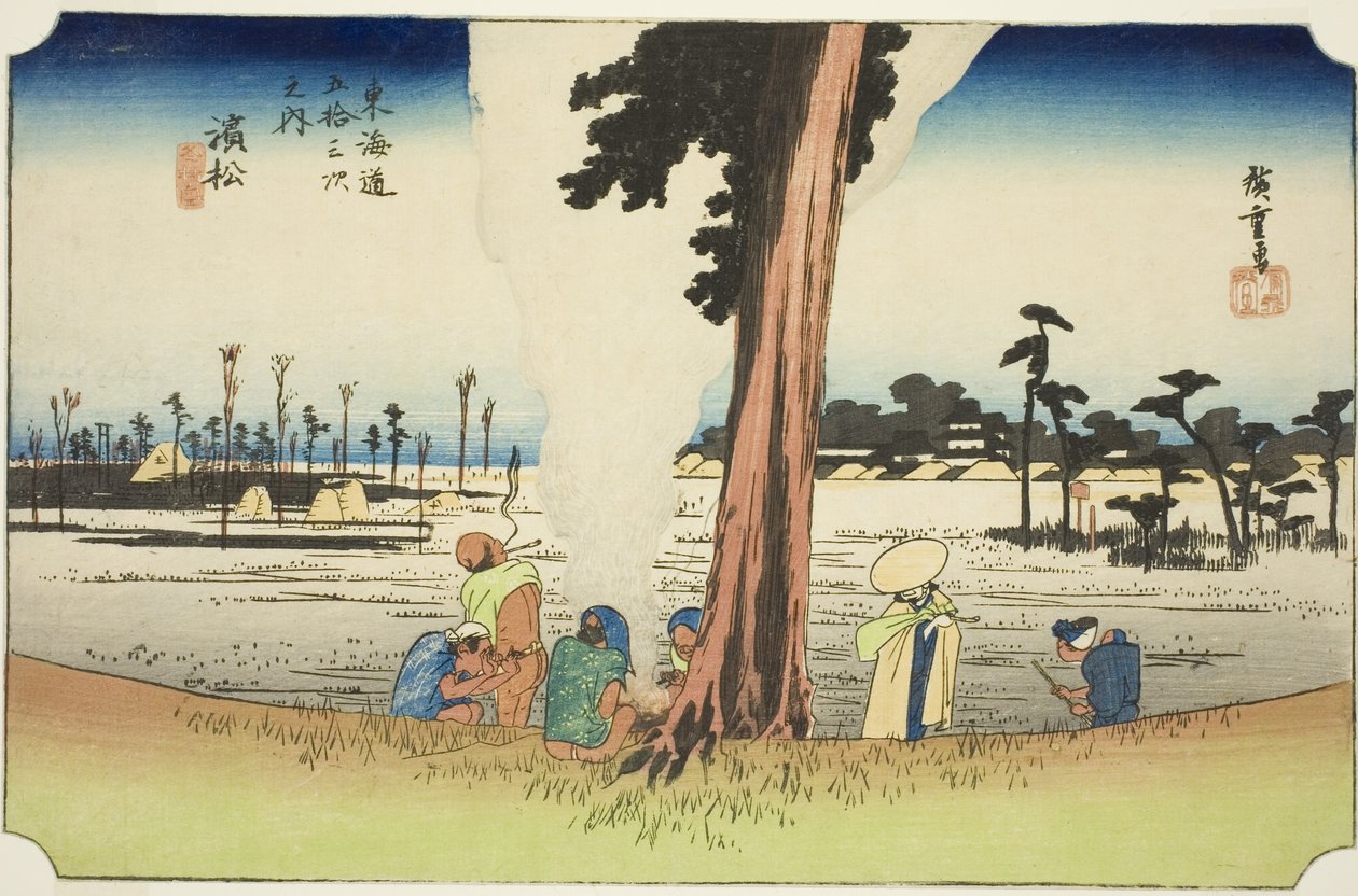 Hamamatsu: Winter Scene (Hamamatsu، fuyugare no zu) ، من سلسلة "ثلاثة وخمسون محطة من Tokaido (Tokaido gojusan tsugi no uchi)" المعروف أيضًا باسم Hoeido Tokaido بواسطة Utagawa Hiroshige