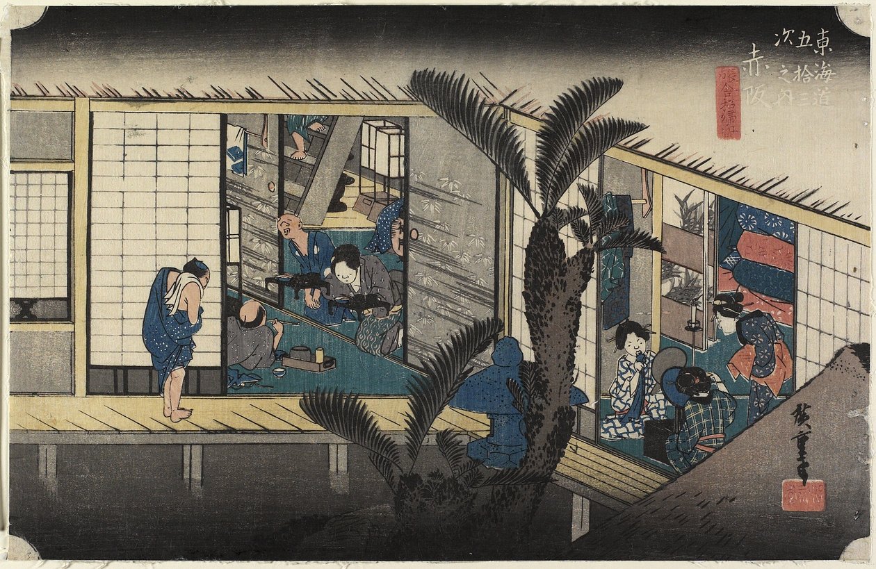 نزل مع خدمة الخادمات ، أكاساكا ، ج. 1833 بواسطة Utagawa Hiroshige