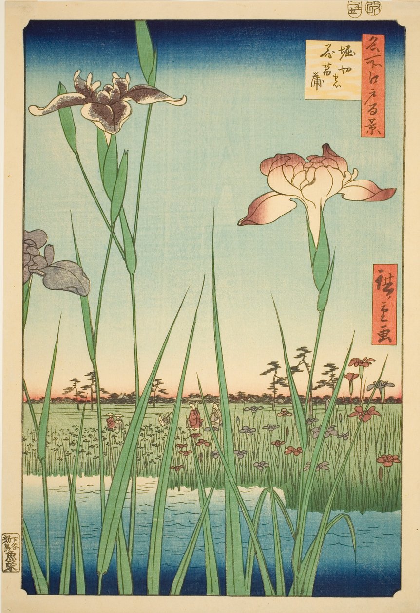 Irises at Horikiri (Horikiri no hanashobu) ، من سلسلة "مائة منظر مشهور لإيدو (ميشو إيدو هياكي)" بواسطة Utagawa Hiroshige