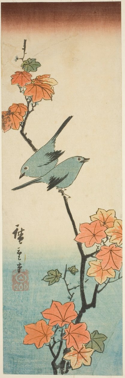 عيون يابانية بيضاء على فرع القيقب بواسطة Utagawa Hiroshige