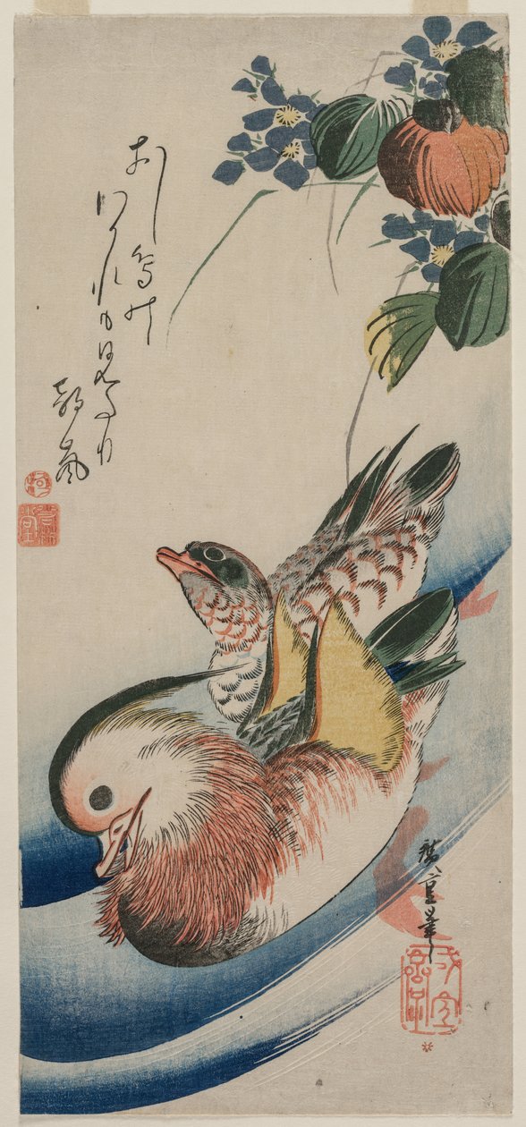 بط الماندرين والنباتات المزهرة بواسطة Utagawa Hiroshige
