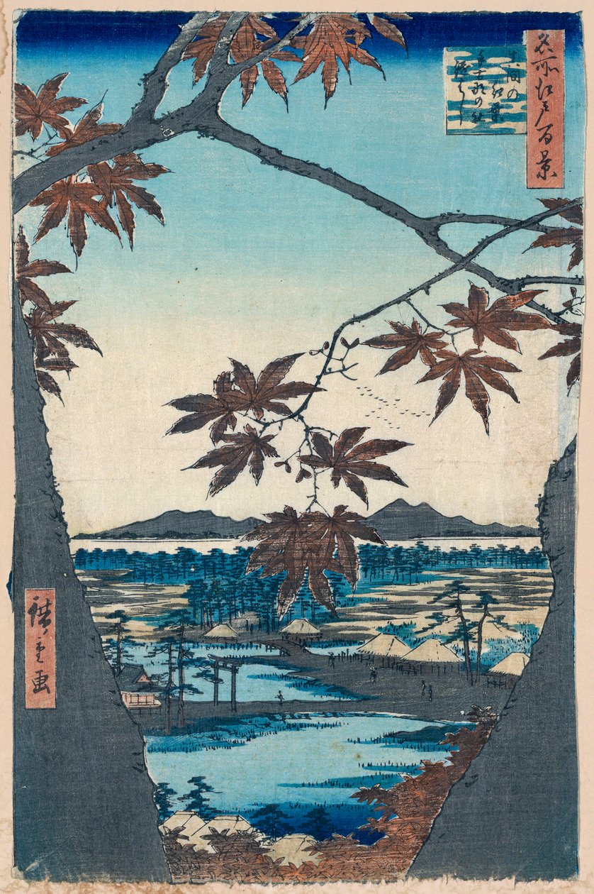 أوراق القيقب وضريح وجسر تيكونا في ماما ، 1856-1858. بواسطة Utagawa Hiroshige