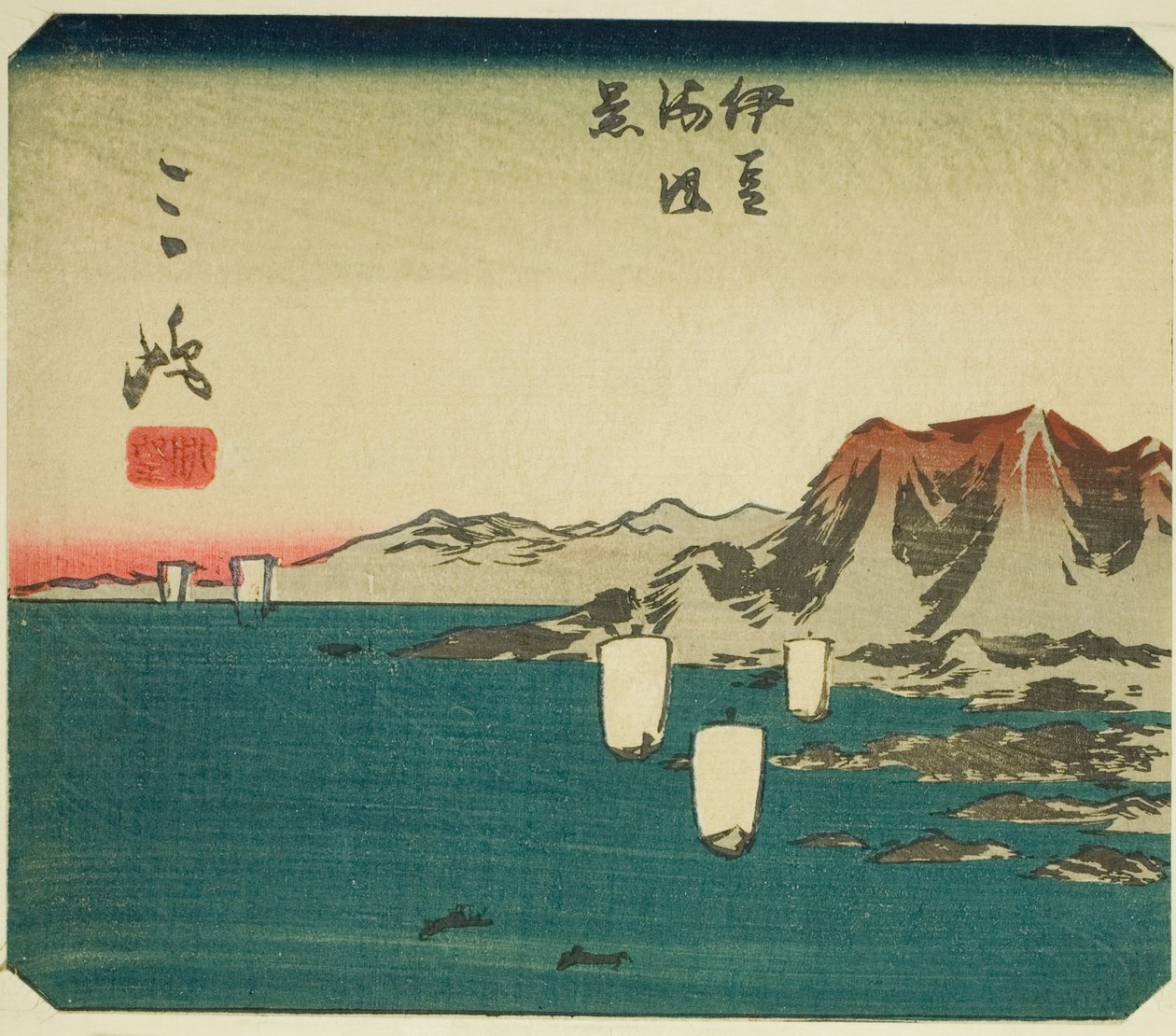 ميشيما ، قسم من الورقة رقم. 3 من سلسلة "Cutout Pictures of the Tokaido (Tokaido harimaze zue)" بواسطة Utagawa Hiroshige