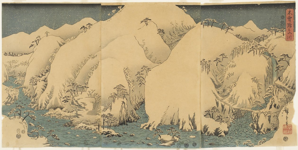 الجبل والنهر عند ممر كيسو ، أغسطس 1857 بواسطة Utagawa Hiroshige