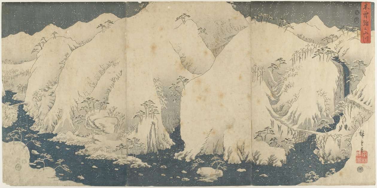 الجبل والنهر عند ممر كيسو ، أغسطس 1857 بواسطة Utagawa Hiroshige