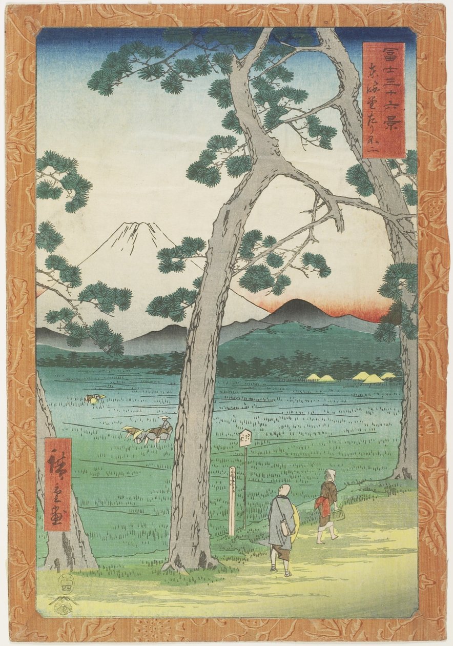 جبل. فوجي على اليسار يُرى من طريق To_kaido_ ، أبريل 1858 بواسطة Utagawa Hiroshige